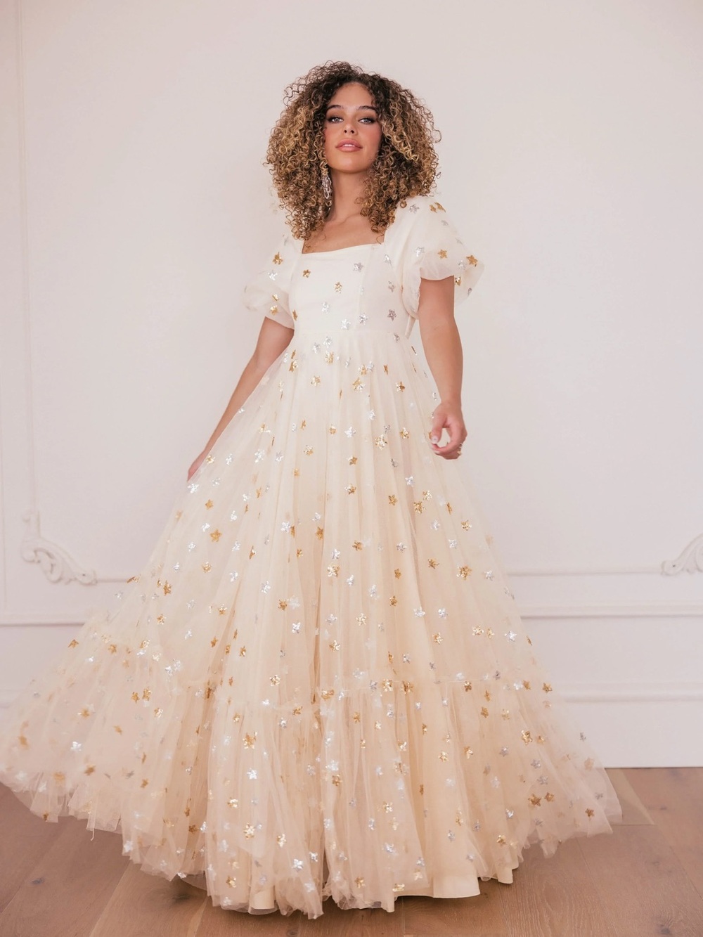 JessaKae Ivory Tulle Maxi Dress with Gold & Silver Star Accents